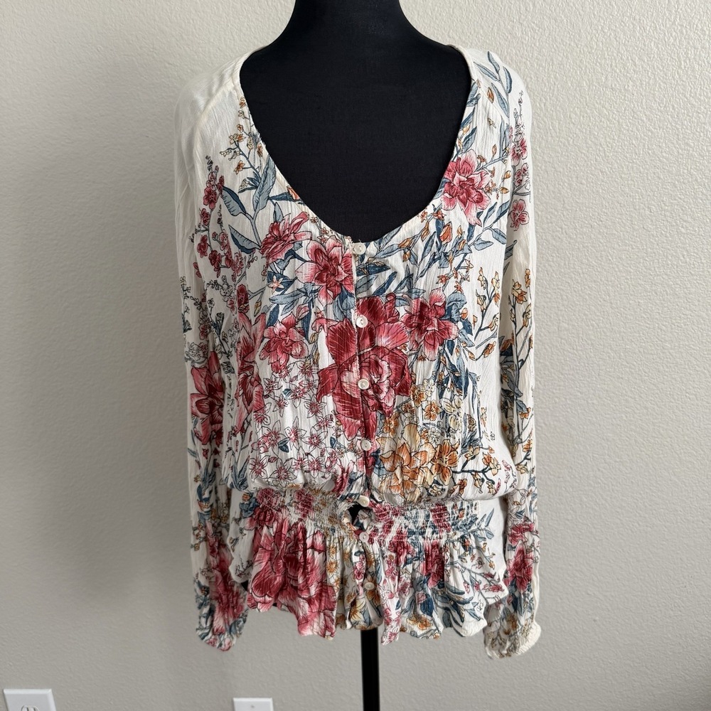 Billabong Women's Small Top Blouse Gauzy Boho Peplum Puff Sleeve Cottagecore - Picture 5 of 11